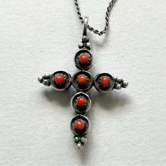 Vintage Reversible Turquoise Coral Snake Eye Cross Sterling Silver Necklace - Picture 10 of 10